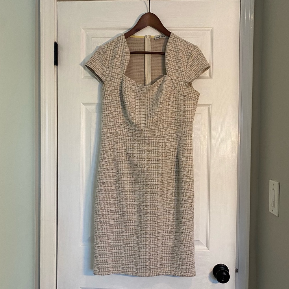 Grace Karin yellow plaid tweed short sleeve dress